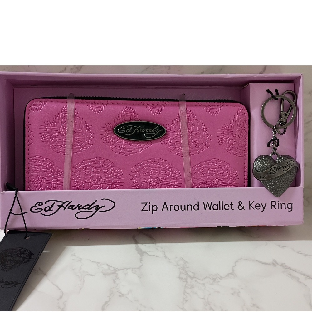 ED HARDY Pink Tiger Zip Around Wallet & Key Ring Gift Set - NWT